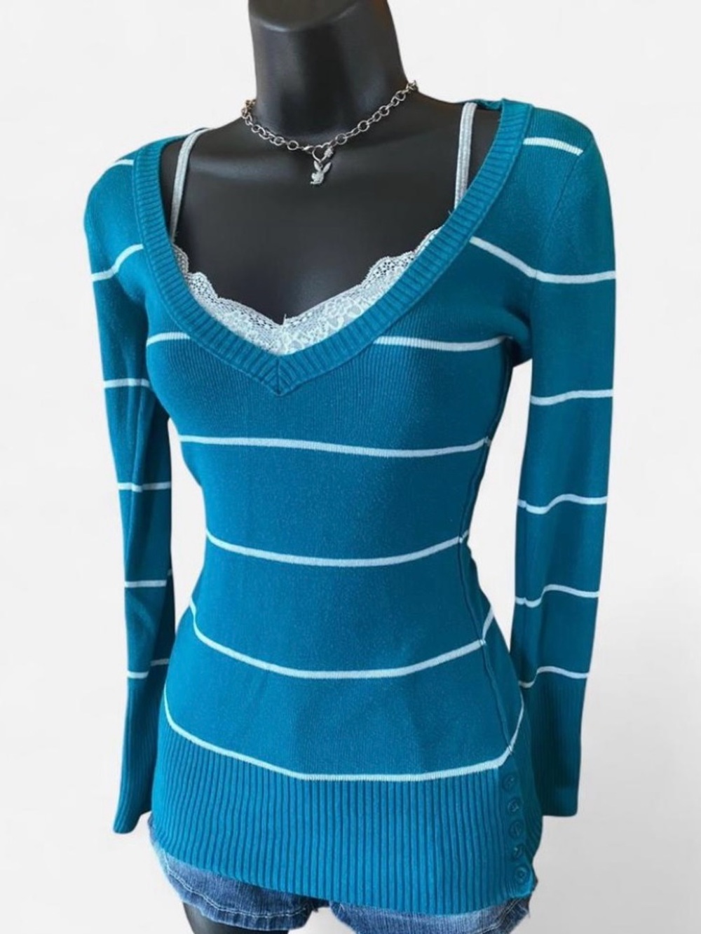 Y2k Aeropostale Turquoise & White Striped V-Neck Sweater with Button Details